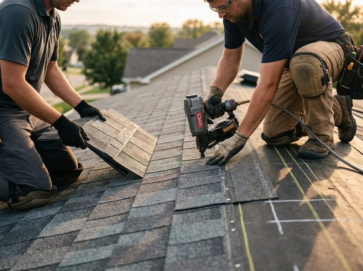 Professional roofer working on a residential roof in Herrin